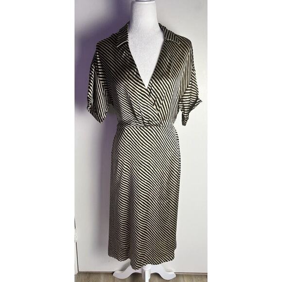 Mango Womens Satin Gold & Black Faux Wrap MIDI Dress Sz 4 Part Elastic Waist - Picture 1 of 7